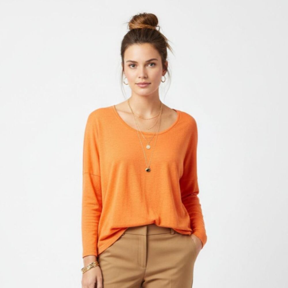 WinterSilks Orange Cotton Long Sleeve Crew Neck Tee T Shirt Top L